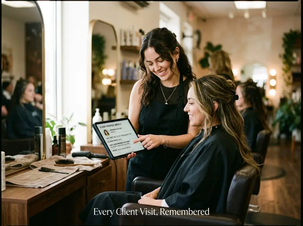 Stylist viewing client profile on salon management software tablet