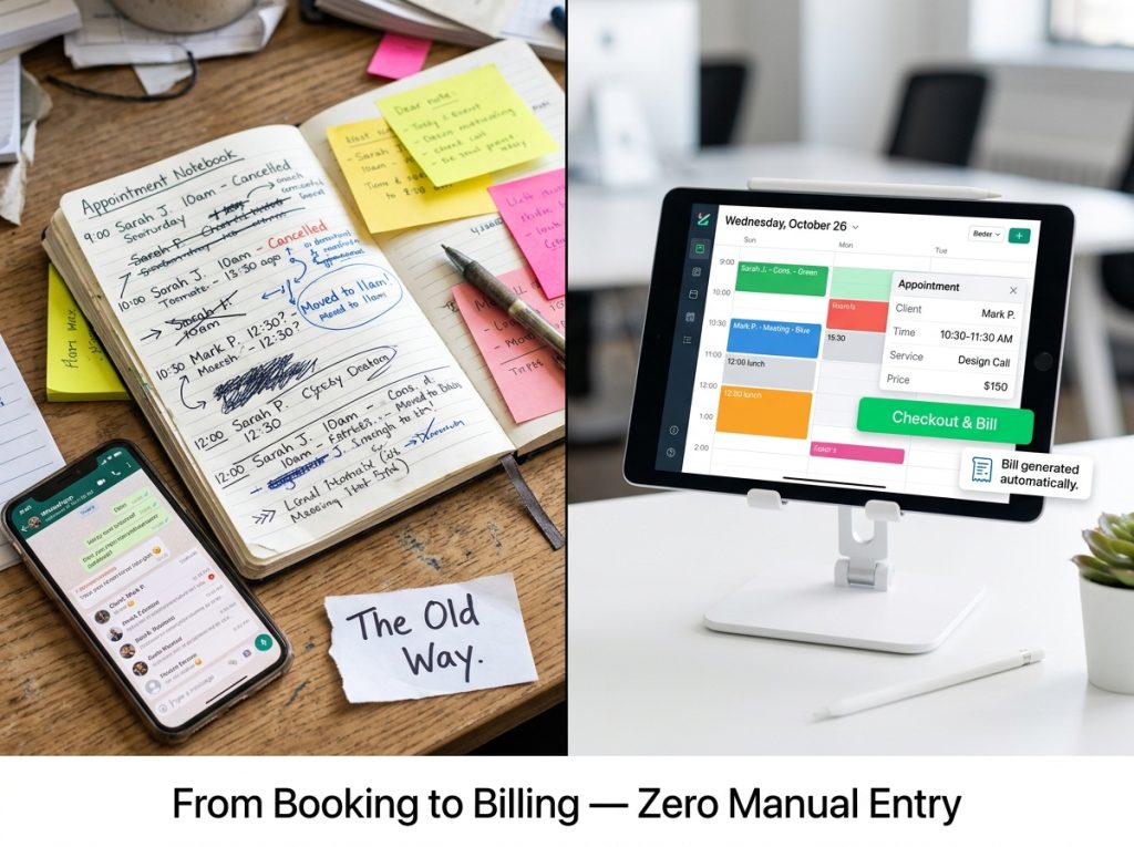 Paper appointment book versus digital salon booking software tablet