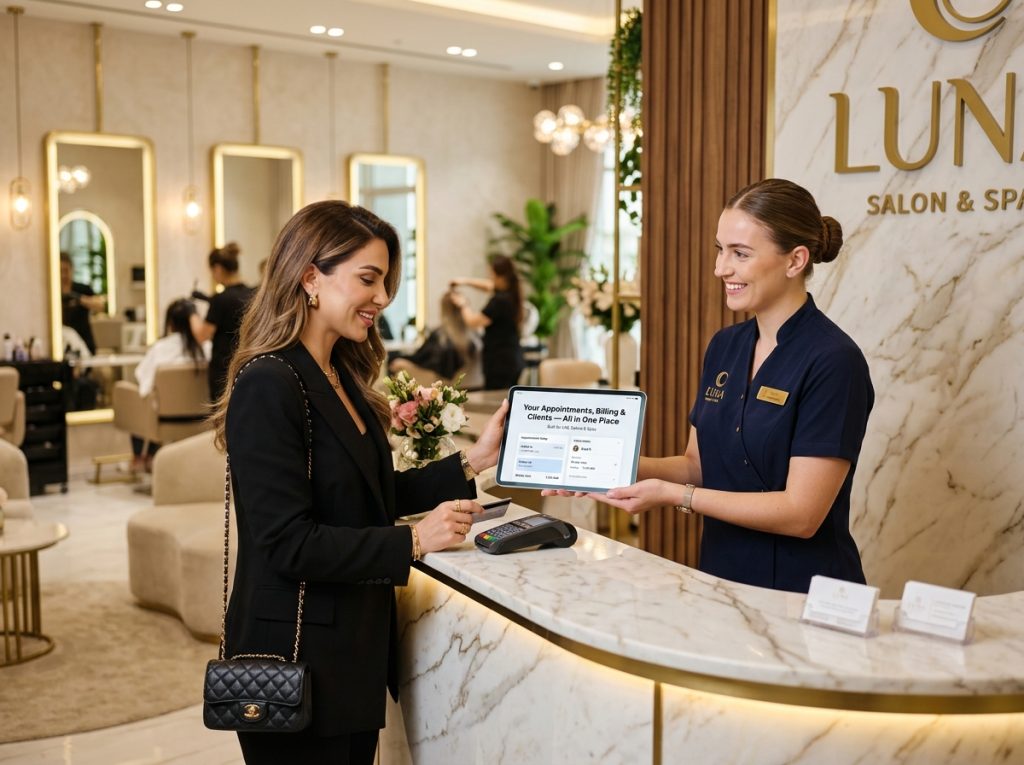 Salon receptionist using POS software at UAE spa desk