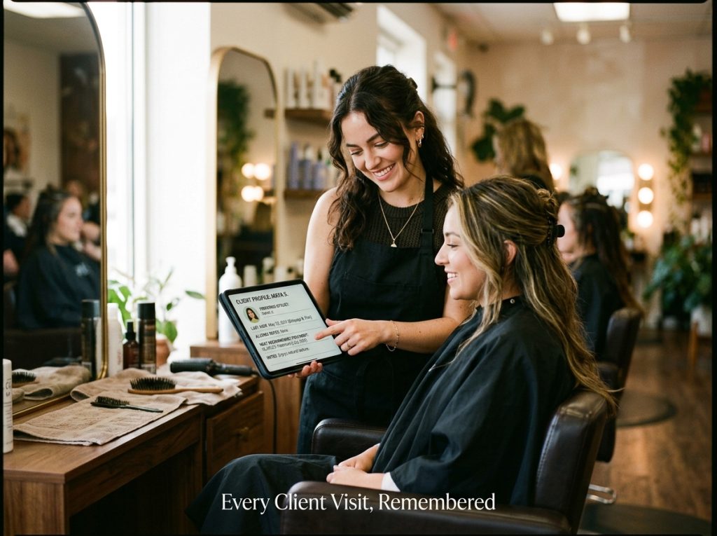  Stylist viewing client profile on salon management software tablet