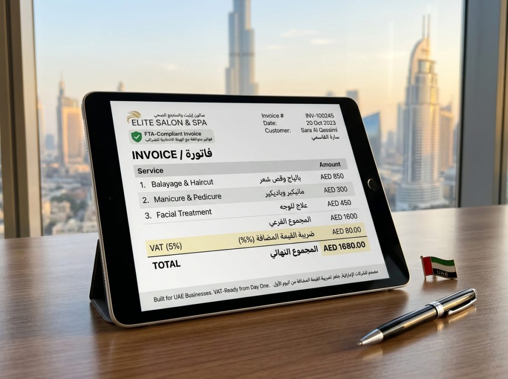 UAE VAT compliant salon invoice displayed on tablet screen