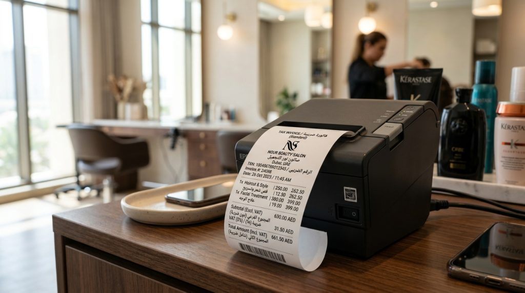 bilingual Arabic English VAT invoice salon printer closeup