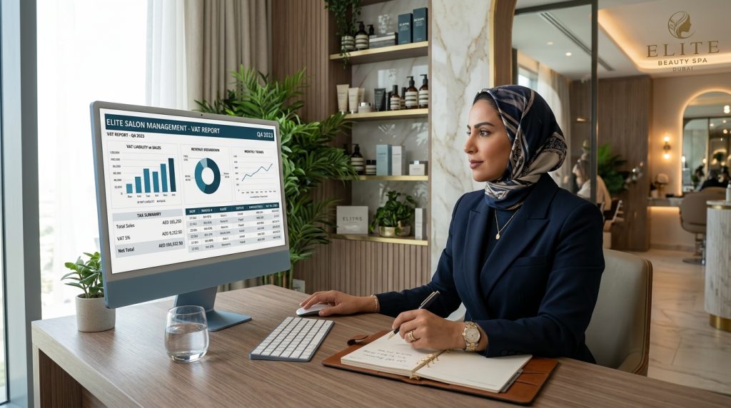 salon owner reviewing VAT reports POS dashboard UAE